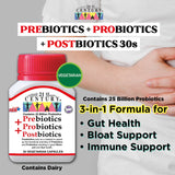 Prebiotics + Probiotics + Postbiotics (3-in-1 formula for Gut Health, Bloat Support and Immune Support) 30 vegetarian capsules