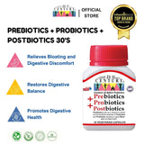 Prebiotics + Probiotics + Postbiotics (3-in-1 formula for Gut Health, Bloat Support and Immune Support) 30 vegetarian capsules