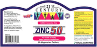 21st Century Zinc 50MG 60 Vegetarian Tablets